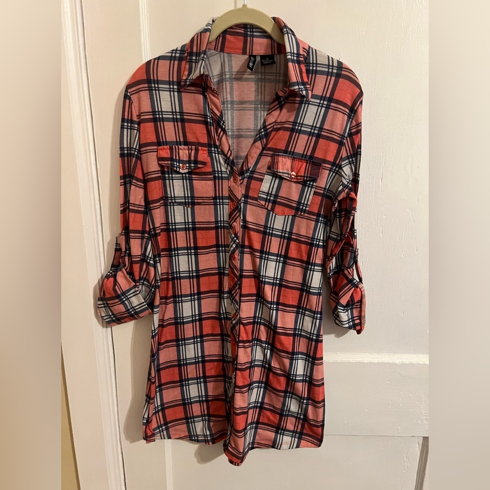 Ultra Flirt Button Down Plaid Dress with Button Rolled Cuff Sleeves Size Medium